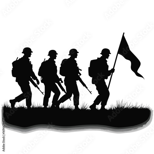 Soldiers marching with rifle and flag silhouette vector