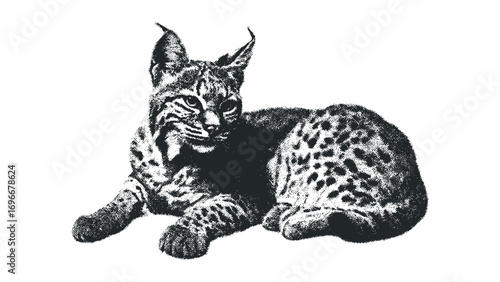 Spotted feline resting on transparent. Vector hand drawn illustration