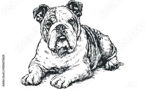 Sketch of an English Bulldog lying down on a transparent background. Vector hand drawn illustration