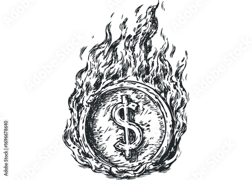 Dollar Coin On Fire Sketch on Transparent. Vector hand drawn illustration
