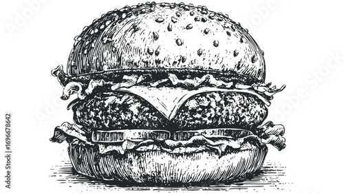 Hand drawn hamburger with cheese and lettuce,. Vector hand drawn illustration