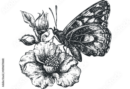 Detailed ink sketch of a butterfly on a flower. Vector hand drawn illustration