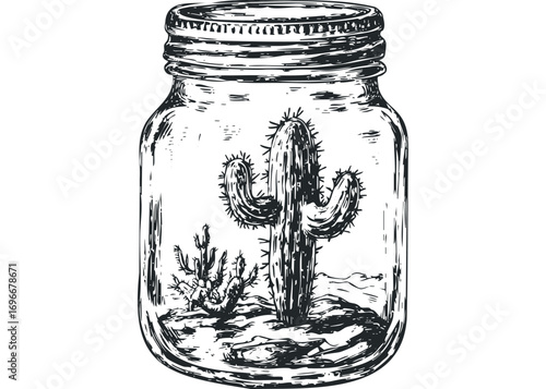 Sketch of cactus plants inside a glass jar with a textured ground. Vector hand drawn illustration