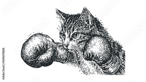 Sketch of a determined cat wearing boxing gloves, ready to fight,. Vector hand drawn illustration