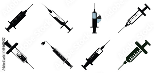 Set of syringe and needle icons. Medical injection silhouette collection