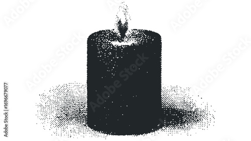 Black cylindrical candle with flickering flame on transparent background. Vector hand drawn illustration
