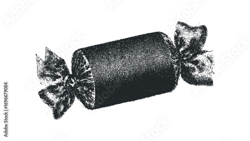 Wrapped candy with tied ends, engraved style, isolated on white. Vector hand drawn illustration