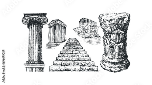 Ancient Greek architectural fragments sketch on a transparent background. Vector hand drawn illustration