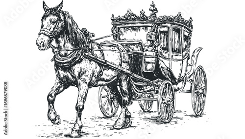Horse drawn carriage on transparent background. Vector hand drawn illustration