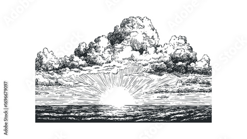 Dramatic Sunrise Over Ocean Waves With Heavy Clouds. Vector hand drawn illustration