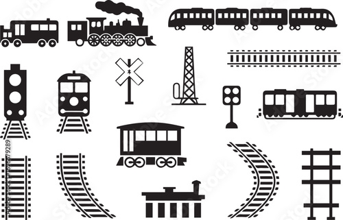 railway transport vector set including locomotive train car tracks signals station building ticket booth
