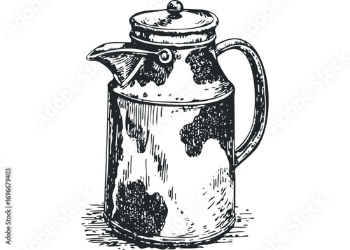 Vintage milk jug drawing with grunge texture on transparent background. Vector hand drawn illustration