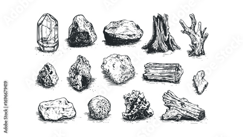 Collection of natural elements with transparent background. Vector hand drawn illustration