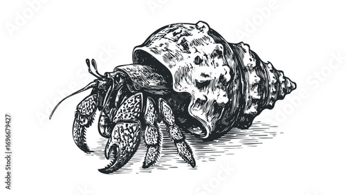 Hermit crab in shell with detailed linework on transparent background. Vector hand drawn illustration