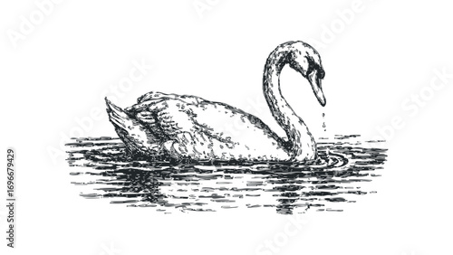 Elegant swan swimming on rippling water sketch. Vector hand drawn illustration