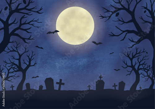 ハロウィンの満月の夜の墓場水彩画