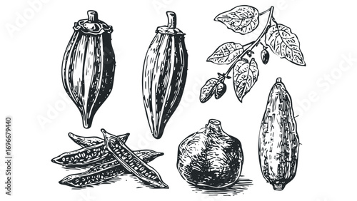 Line drawing collection of okra pods and leaves on transparent background. Vector hand drawn illustration