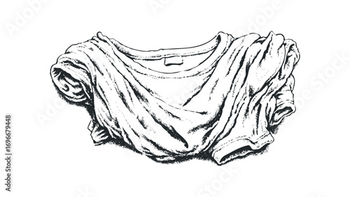 Hand drawn sketch of a crumpled t-shirt on a white surface. Vector hand drawn illustration