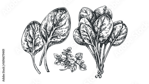 Hand drawn sketch of spinach leaves and thyme sprigs on transparent background. Vector hand drawn illustration