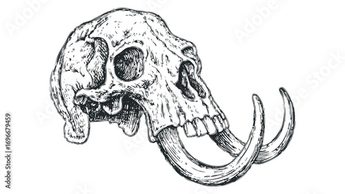 Mammoth skull with tusks image with transparent background. Vector hand drawn illustration