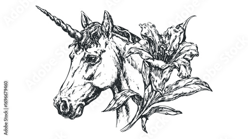 Unicorn head with lily flower. Vector hand drawn illustration