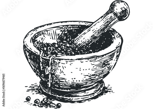 Pestle and Mortar with Black Peppercorns Image. Vector hand drawn illustration
