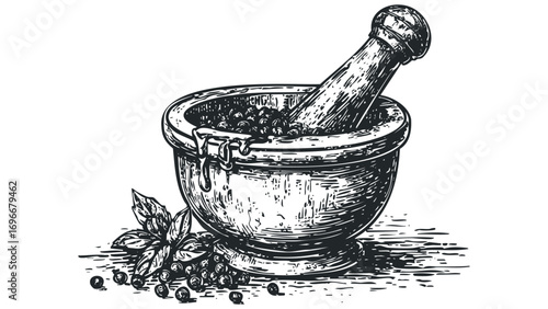 Mortar and Pestle with Black Peppercorns and Basil Leaves Image. Vector hand drawn illustration