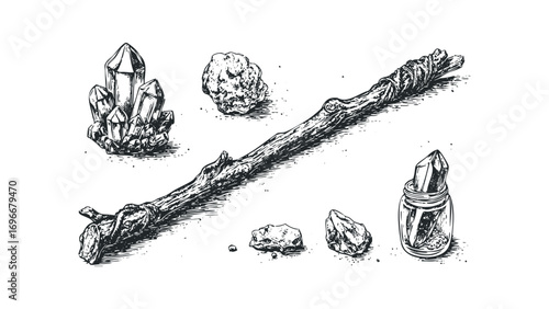 Rough sketch of natural elements including crystals, stones, and wood on transparent background. Vector hand drawn illustration