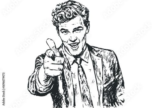 Man in suit pointing forward with a smile, black and white sketch, transparent. Vector hand drawn illustration