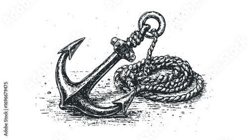 Vintage nautical anchor with thick coiled rope. Vector hand drawn illustration