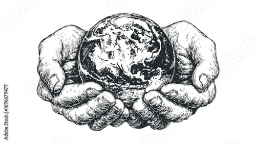 Human hands gently hold the planet Earth in a detailed sketch on a transparent background. Vector hand drawn illustration