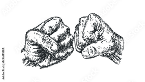 Two hands clenched in fists touching each other in a sketch style with transparent background. Vector hand drawn illustration