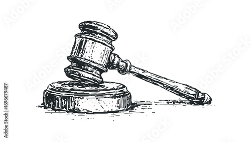 Wooden gavel and sound block on transparent background. Vector hand drawn illustration