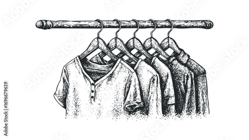 Five shirts hanging on wooden hangers on a rod. Vector hand drawn illustration