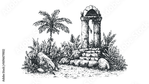 Sketch of ancient stone ruins surrounded by lush tropical foliage and a palm tree on a transparent background.. Vector hand drawn illustration