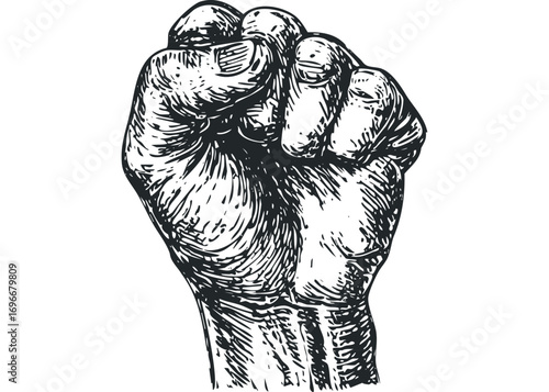 Black and white sketch of a clenched fist on a transparent background. Vector hand drawn illustration