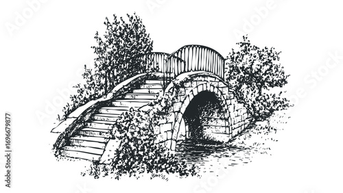 Stone arch bridge with steps and foliage on transparent background. Vector hand drawn illustration