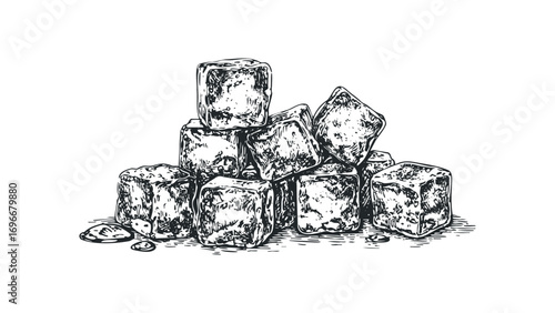 Pile of textured ice cubes with rough surfaces, hand drawn sketch on transparent. Vector hand drawn illustration