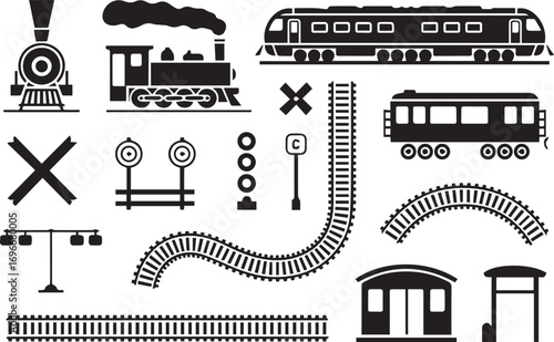 railway infrastructure vector pack train engines tracks signals crossing station building ticket booth