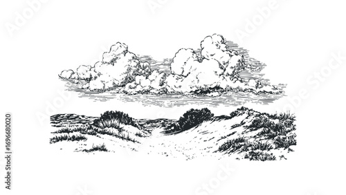 Sketch of fluffy clouds over sand dunes and sparse vegetation. Vector hand drawn illustration