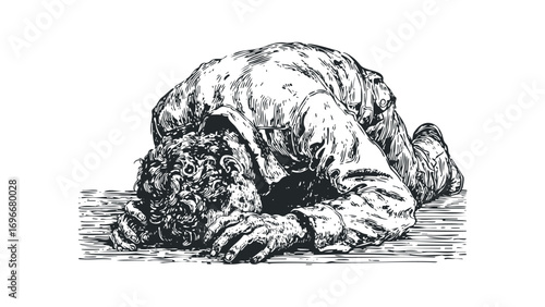 Man in traditional clothing bowing head in submission. Vector hand drawn illustration