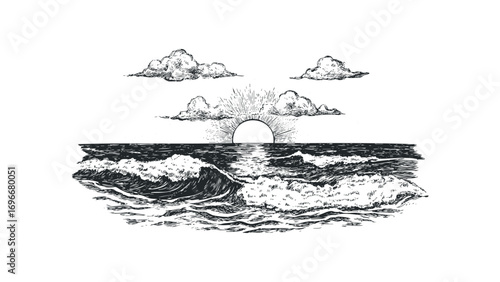 Hand drawn sketch of sun rising over ocean waves with clouds. Vector hand drawn illustration