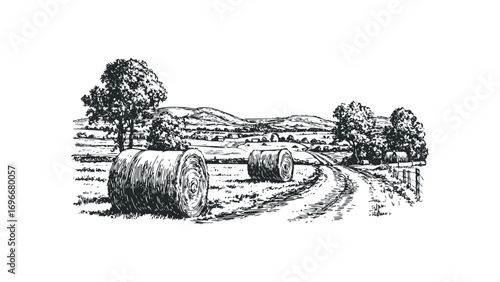 Line drawing of hay bales and trees in a rural landscape. Vector hand drawn illustration