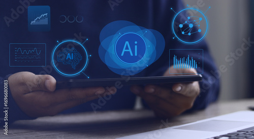 Businessman using a tablet with an AI interface for big data analysis and business intelligence. Concept of machine learning, neural networks, and future technology innovation.