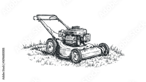 Sketch of a walking lawnmower machine on grass. Vector hand drawn illustration