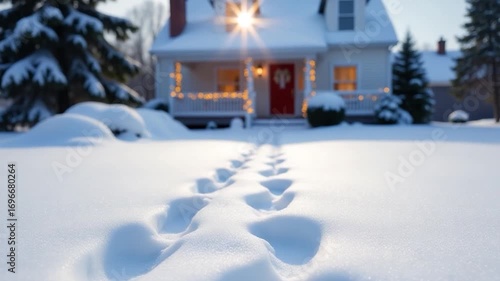 Wallpaper Mural Footprints in the snow leading up to a cozy house on a winter day Torontodigital.ca