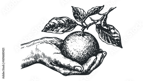 Hand holding orange fruit with leaves on branch, transparent background. Vector hand drawn illustration
