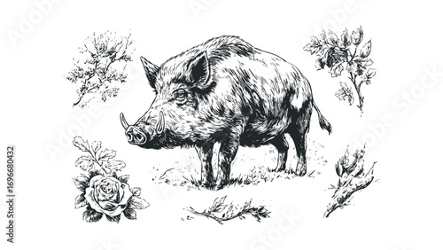 Wild boar with rose and branches sketch on transparent background. Vector hand drawn illustration