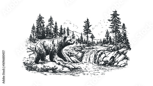 Bear walking near waterfall in coniferous forest. Vector hand drawn illustration