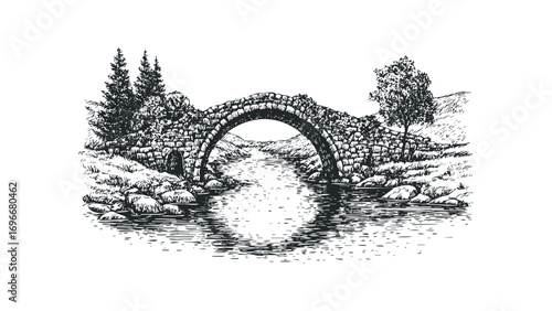 Arch stone bridge over calm river with trees and rocky banks. Vector hand drawn illustration